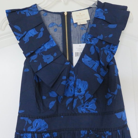 NWT Kate Spade Hibiscus Ruffle Dress 100% Cotton Navy & Blue - Size 2 - Picture 6 of 15